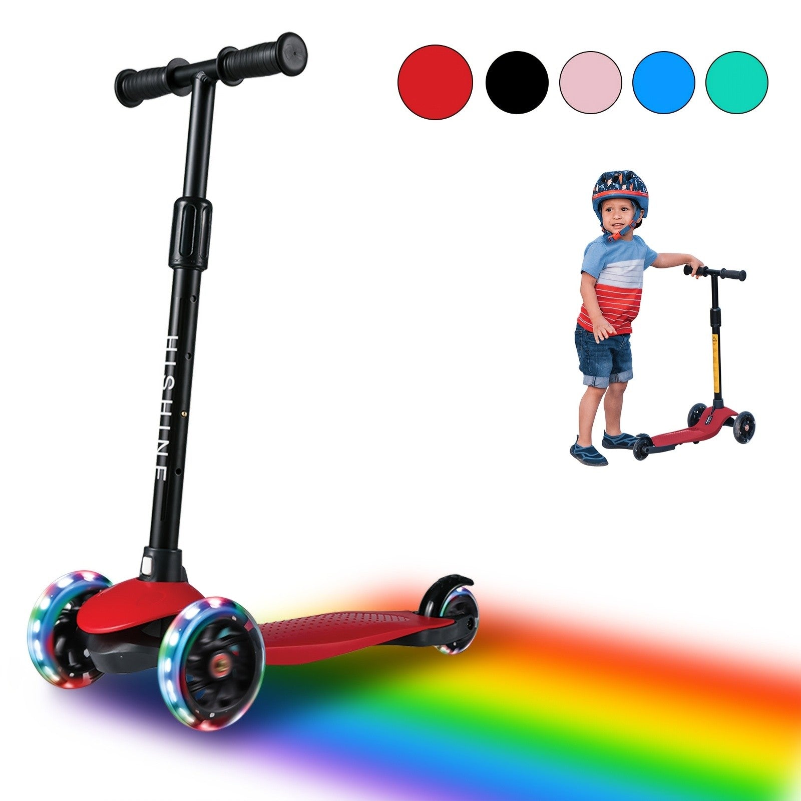 Kids 3-Wheel Scooter Ages 2-5 Adjustable Height Lean to Steer Light Up Wheels Front Brake Double Suspension Toddler Scooter Pink Blue Red Black