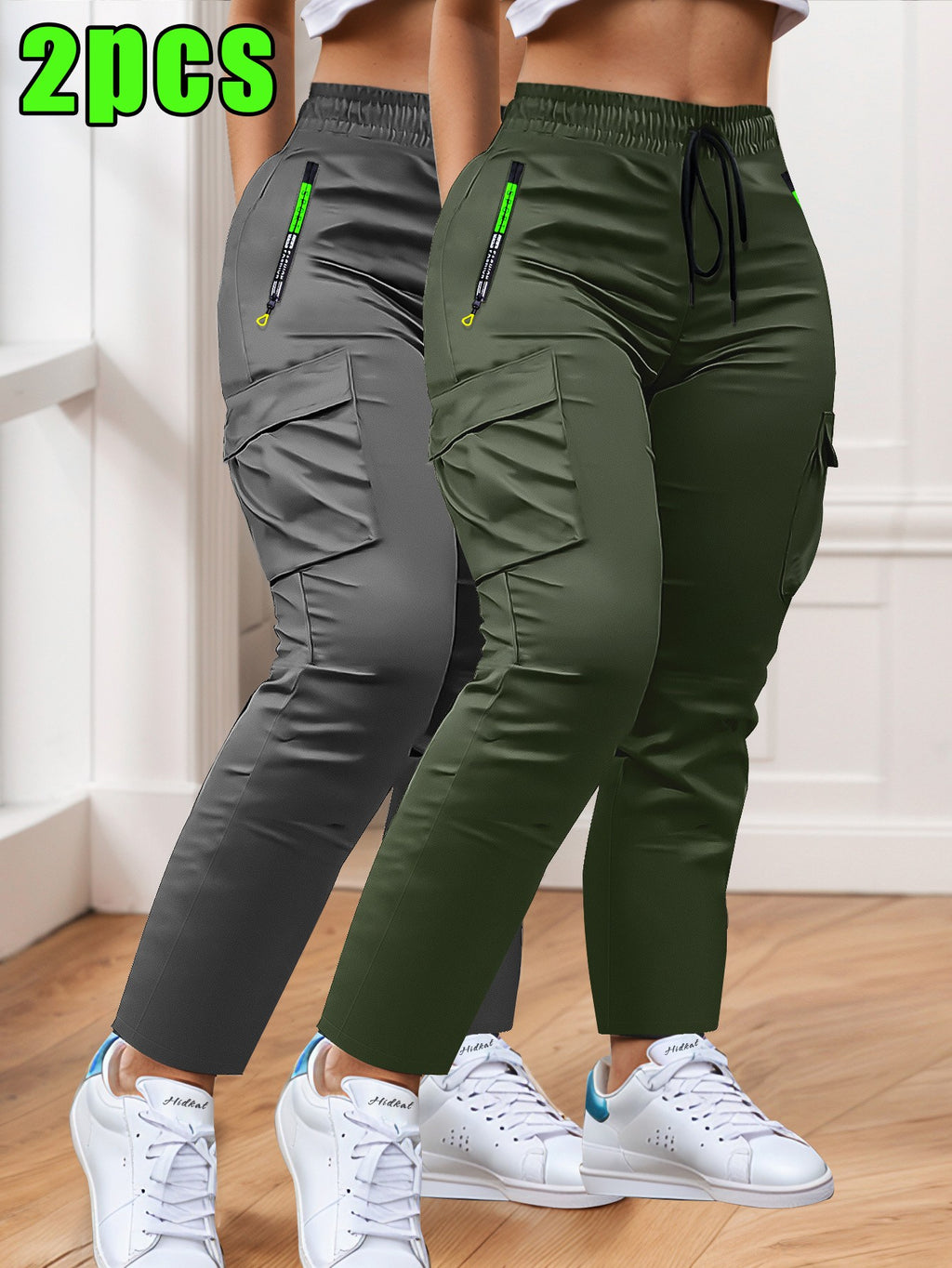 Women's Slim Cargo Pants 2-Pack Multi-Pocket Drawstring Waist Zip Pocket Straight Leg – Casual Trousers for Outdoor Sports Everyday Wear & Dates