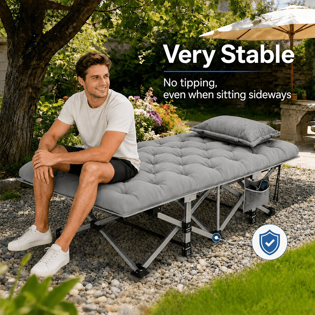 Folding Camping Cot with Mattress & Side Pockets - Heavy Duty Portable Adult Sleeping Bed, Foldable Guest Cot for Camping, Backyard, Patio, Office & RV, Compact Easy Fold