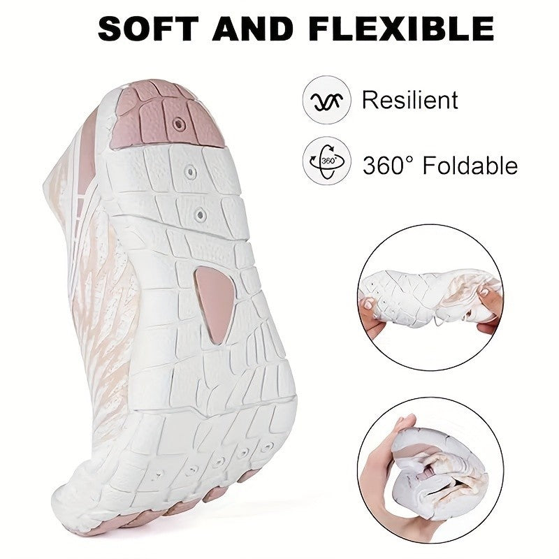 Women's Water Shoes Quick-Dry Aqua Sneakers – Lightweight Breathable Mesh Lace-Up Beach Wading Shoes, Rubber Sole, Striped, Black White Pink, US 6-11