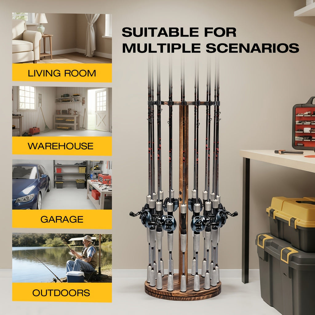 360° Rotating Circular Wooden Fishing Rod Rack - Holds 16 Rods - Space-Saving Wall Mount Fishing Pole Organizer for Garage, Basement & Shed - Great Fishing Gift