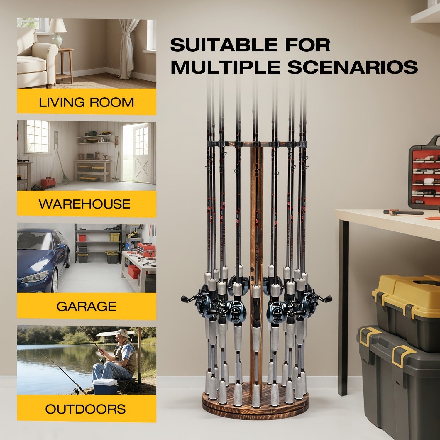360° Rotating Circular Wooden Fishing Rod Rack - Holds 16 Rods - Space-Saving Wall Mount Fishing Pole Organizer for Garage, Basement & Shed - Great Fishing Gift