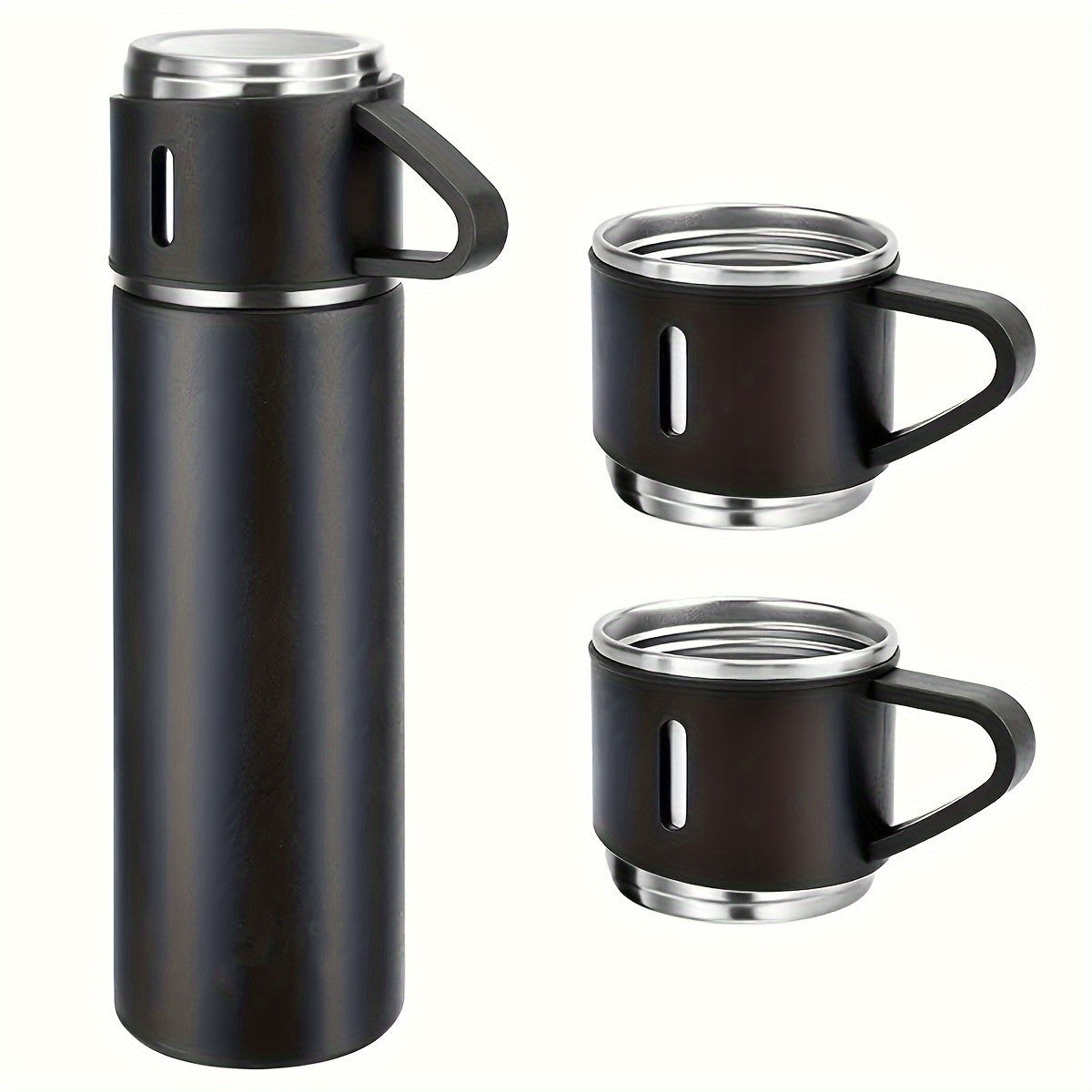 Stainless Steel Water Bottle & Cups Gift Set 4pcs – 500ml Insulated Bottle with 3 Small Cups Triple Lids for Hot & Cold Drinks – 304 Steel Portable Travel Set for Camping Office School Business