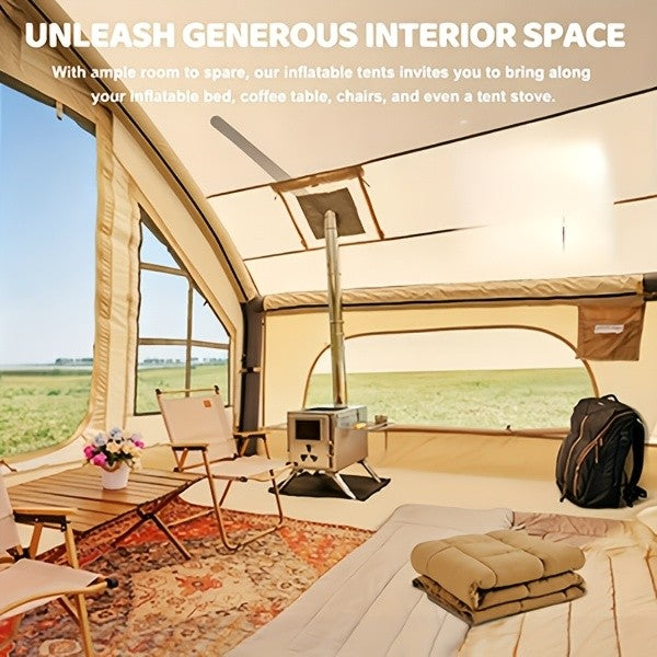 Inflatable Glamping Tent for 4-6 Person – 4-Season Large Luxury Air Tent with Optional Skylight & Stove Jack, Manual Pump Included, Windproof Family Camping Shelter (6.3-12 sqm)