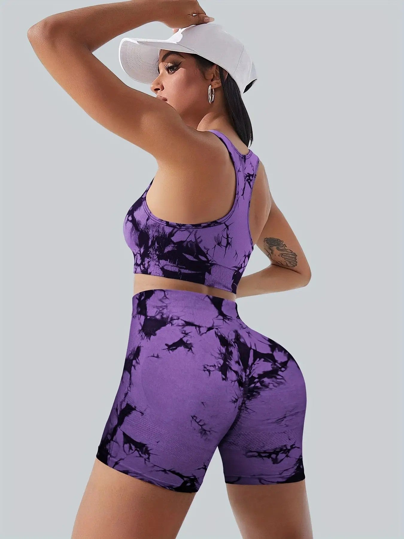 Women's Tie-Dye Seamless Sports Bra & Shorts Set – Belly Support Stretch Activewear Suit for Gym Yoga Fitness Red Blue Purple Dark Brown S M L XL