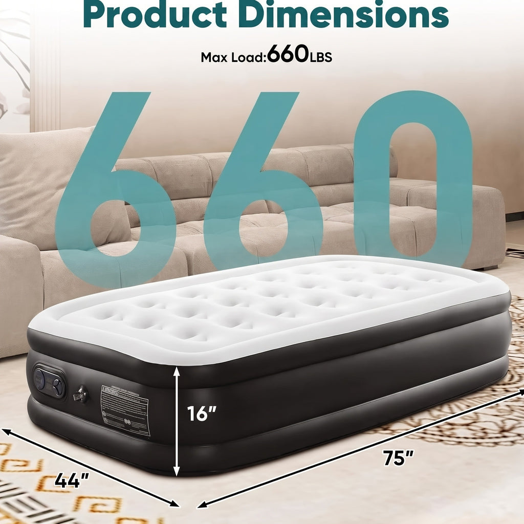 Air Mattress with Built-In Pump 660 Lbs – Inflatable Airbed 16/18/21 Inch Thick, Non-Slip Double Height, Twin & Queen for Camping, Home Guest Bed & Travel