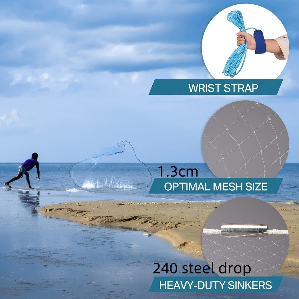 Cast Net for Fishing 8FT 10FT Easy Throw Copolymer Monofilament Mesh Zinc Sinkers 1.3cm Mesh 240 300 Steel Drop Saltwater Freshwater Bait Trapping Beginners Experts