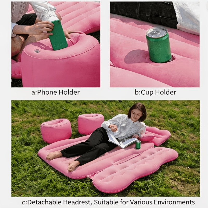 Car Inflatable Bed Air Mattress for SUV Sedan – Portable Foldable Flocked Rear Seat Sleeping Mat for Camping Picnic Road Trip, Includes Air Pump, Black Beige Pink Grey