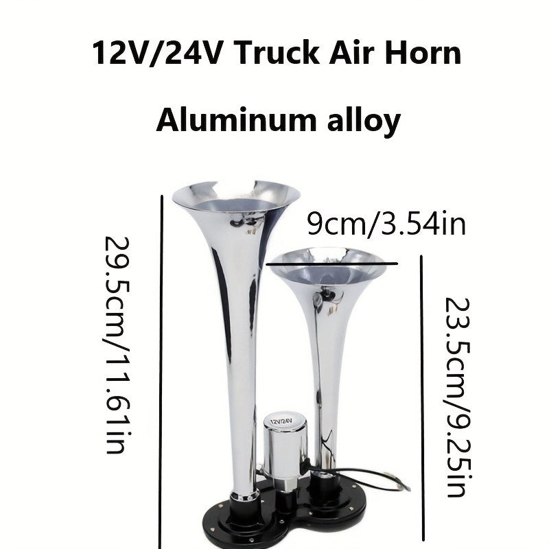 Air Horn Kit 12V 24V Ultra Loud 105-137dB Dual Trumpet Horn with Air Compressor for Truck SUV Motorcycle Boat Train Car Pickup Aluminum Alloy Universal