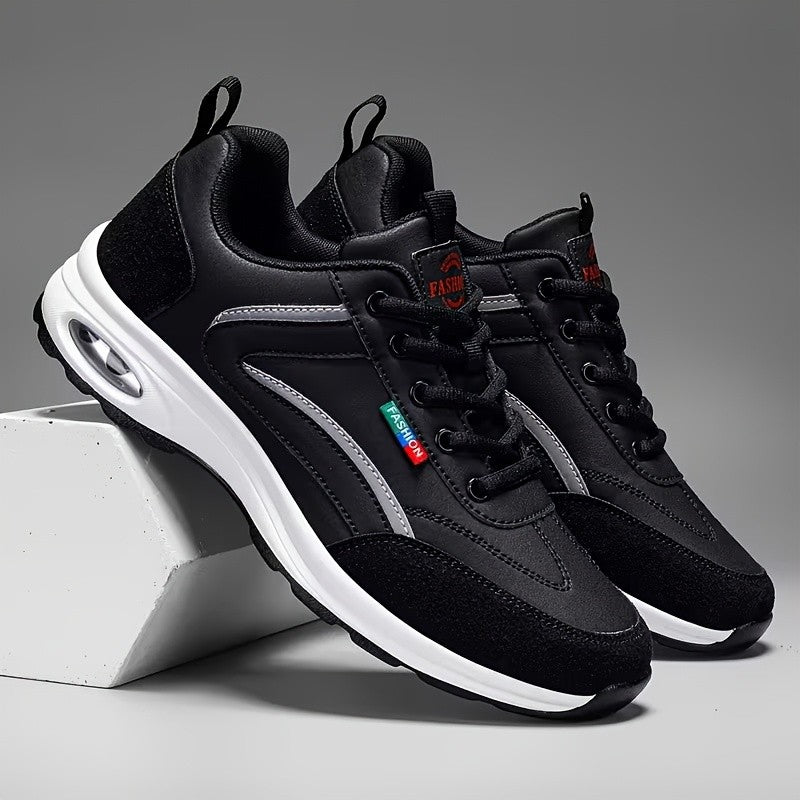 Men's Fashion Sneakers Lace-Up Non-Slip Soft Sole Casual Running Shoes PU Leather Comfortable Outdoor Athletic Footwear