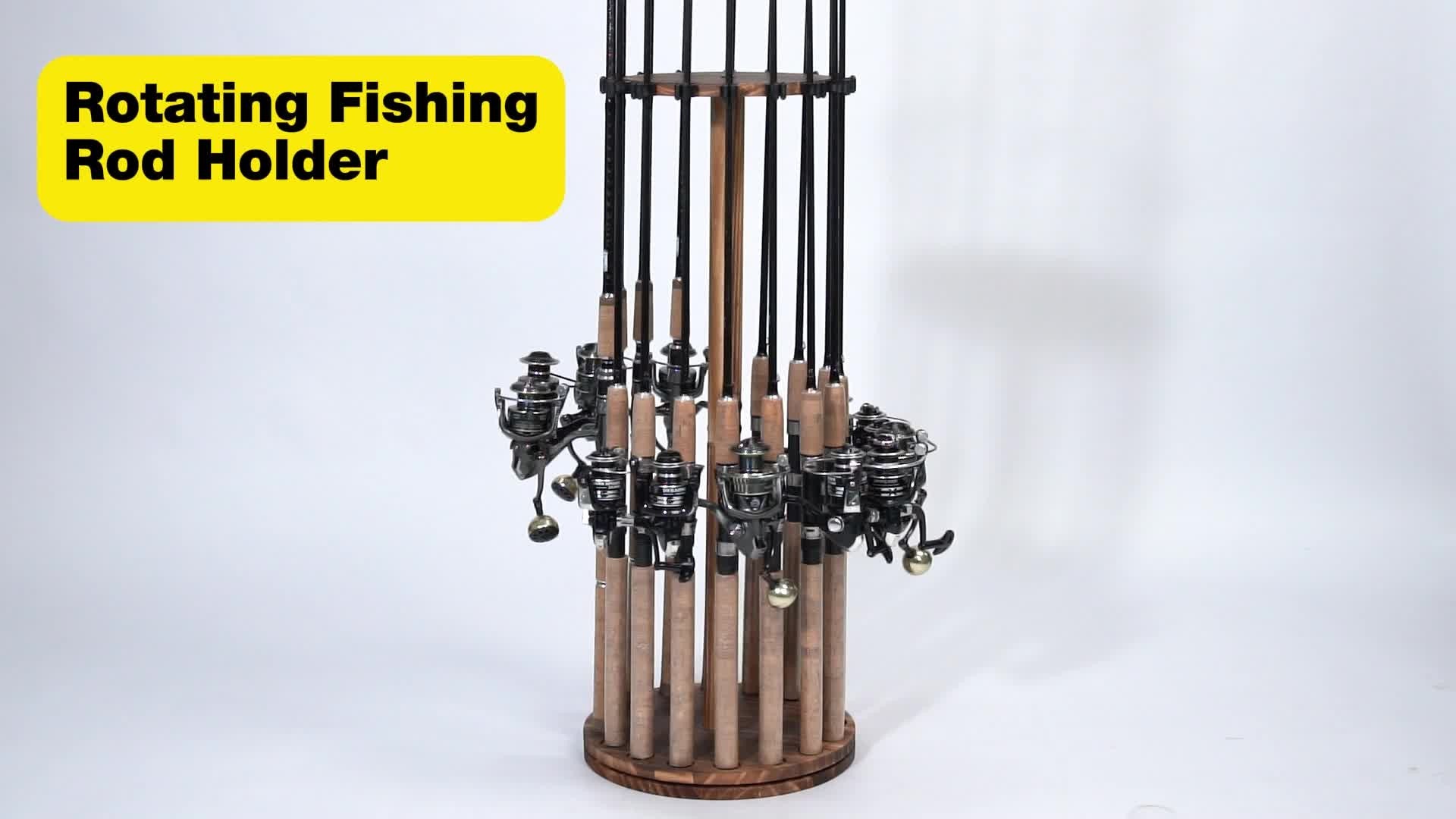 360° Rotating Circular Wooden Fishing Rod Rack - Holds 16 Rods - Space-Saving Wall Mount Fishing Pole Organizer for Garage, Basement & Shed - Great Fishing Gift