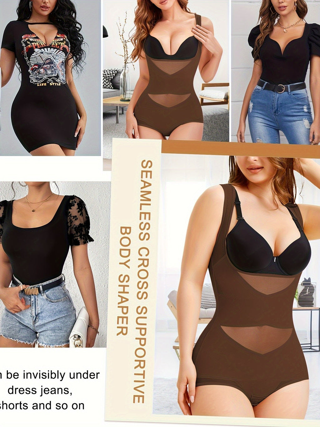 Women's Shapewear Bodysuit with Tummy Control – High-Waist Butt Lifter, U-Shape Push Up, Wide Straps, Breathable Nylon Body Shaper, 5 Colors, Sizes S-XXL
