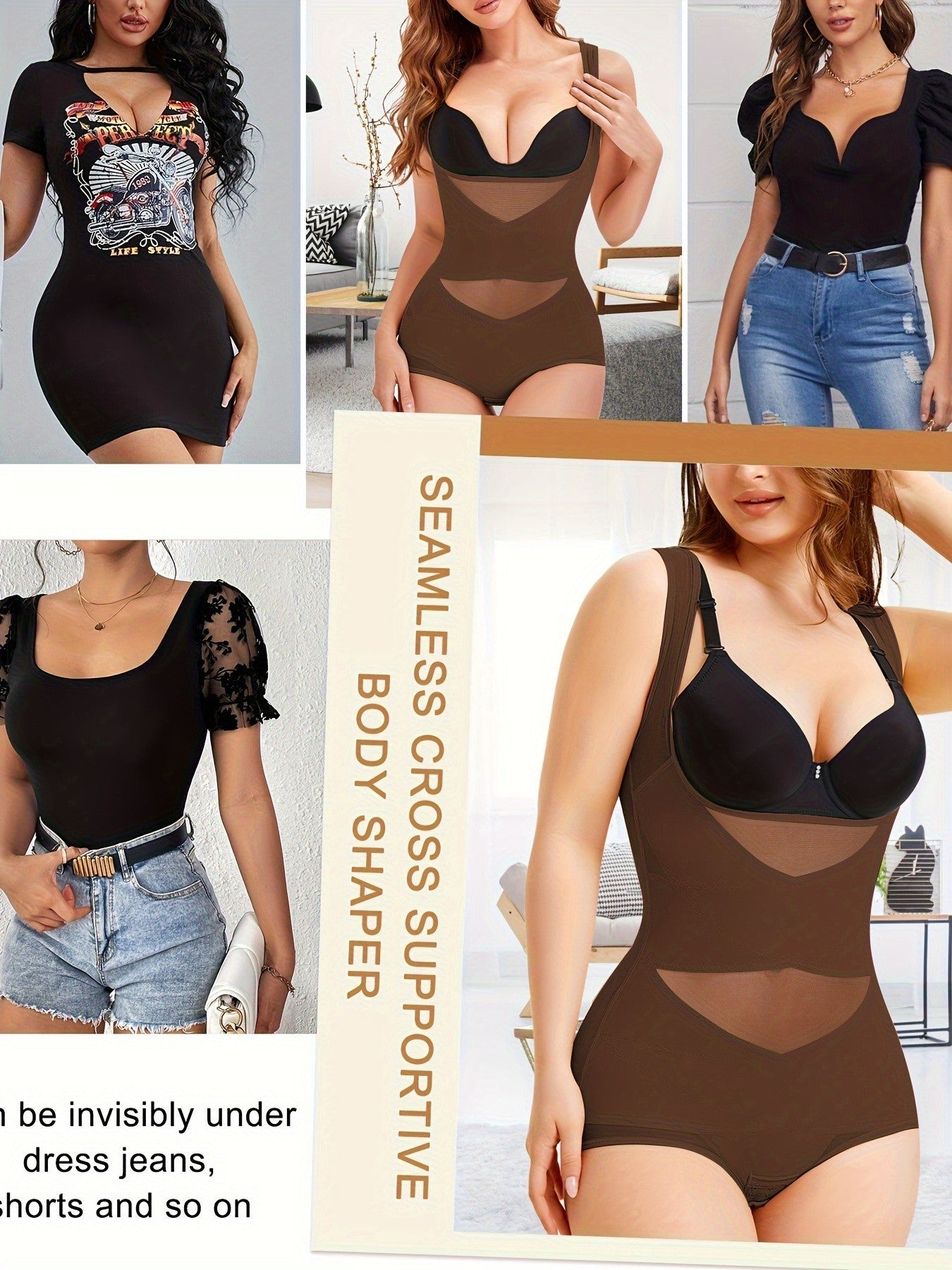 Women's Shapewear Bodysuit with Tummy Control – High-Waist Butt Lifter, U-Shape Push Up, Wide Straps, Breathable Nylon Body Shaper, 5 Colors, Sizes S-XXL