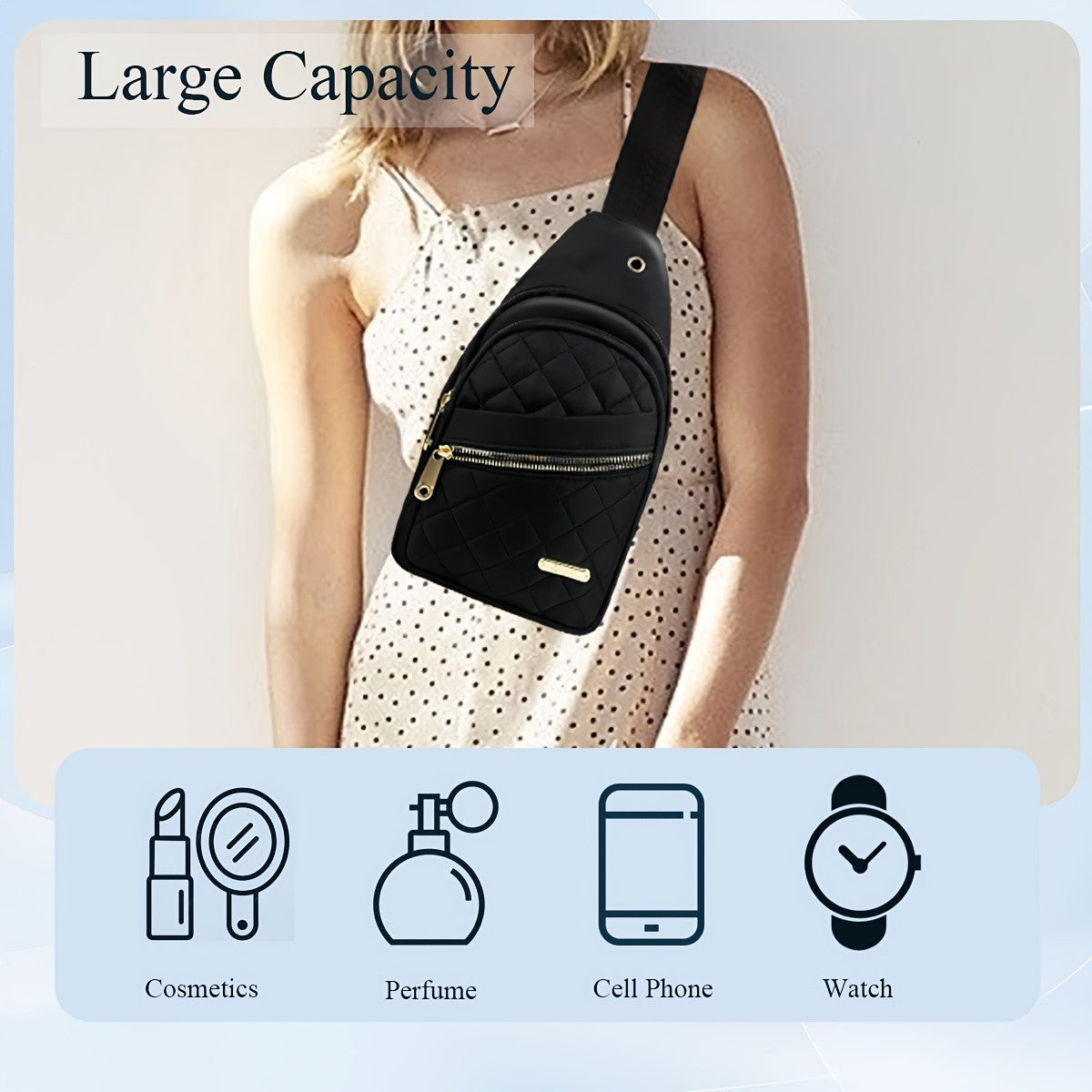 Quilted Sling Backpack Crossbody Bag – Adjustable Shoulder Strap Zipper Casual Daypack for Women Men Travel Everyday Use, Multiple Colors