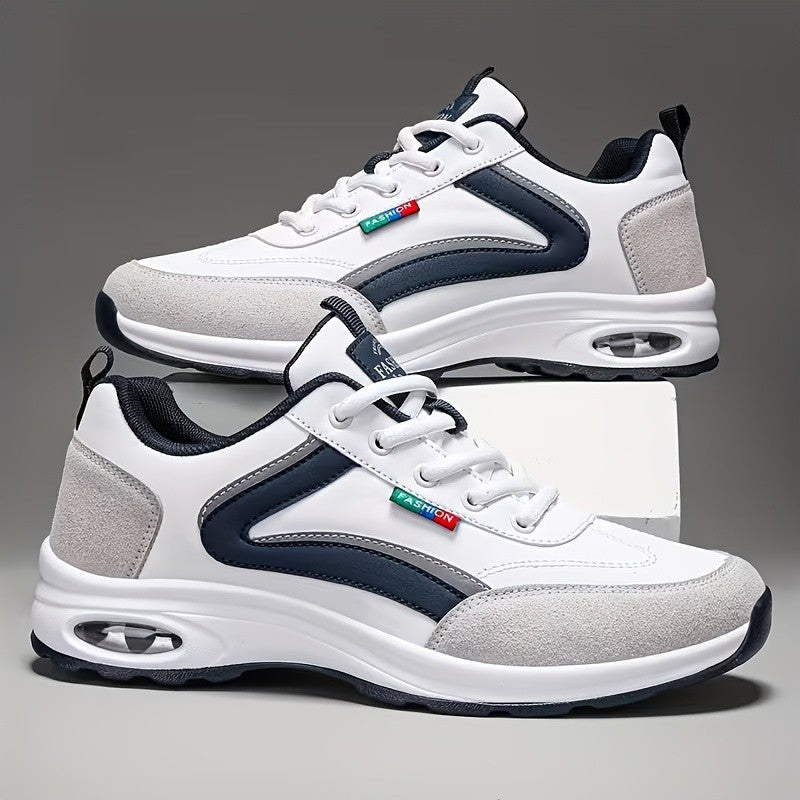 Men's Fashion Sneakers Lace-Up Non-Slip Soft Sole Casual Running Shoes PU Leather Comfortable Outdoor Athletic Footwear