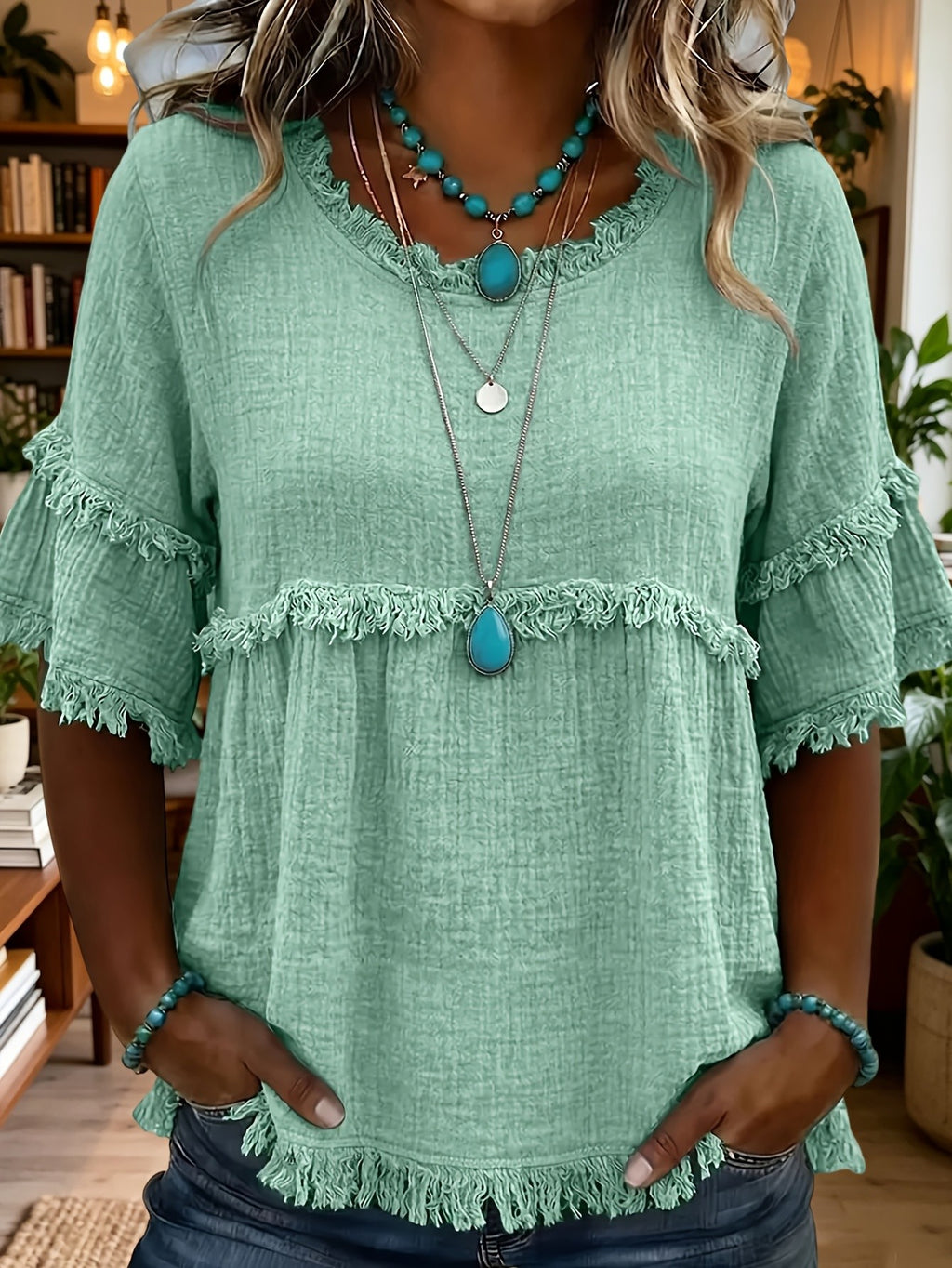 Women's Fringed Trim Short Sleeve Casual Blouse – Soft Knit Crew Neck Top for Summer, Beach & Everyday Wear | Royal Blue, Aquamarine, Sky Blue, Grey, Green (S-XXL)