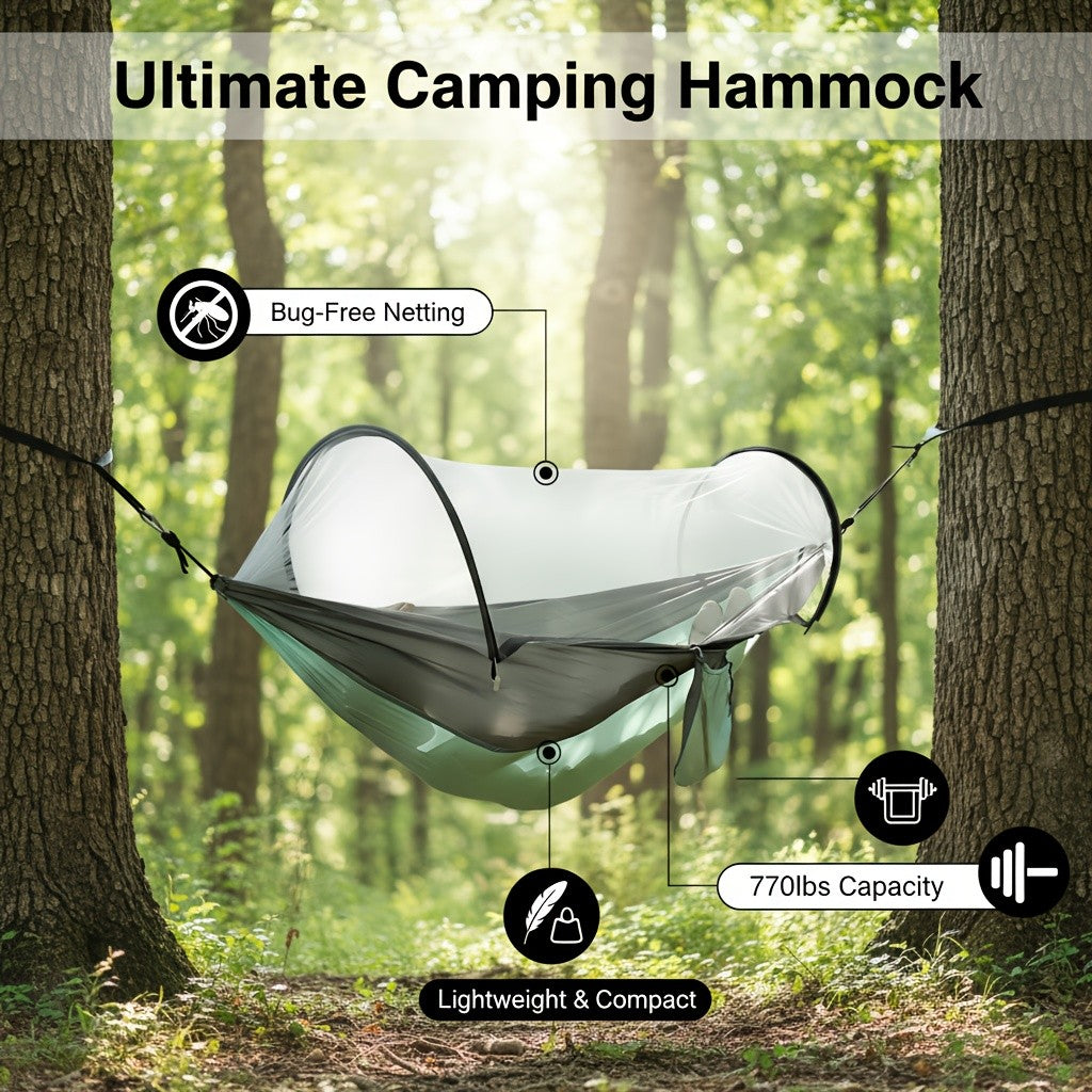3-in-1 Double Camping Hammock with Mosquito Net and Sun Shade Durable Lightweight Portable for Camping Hiking Backpacking Picnic Garden Patio Park Outdoor Adventures