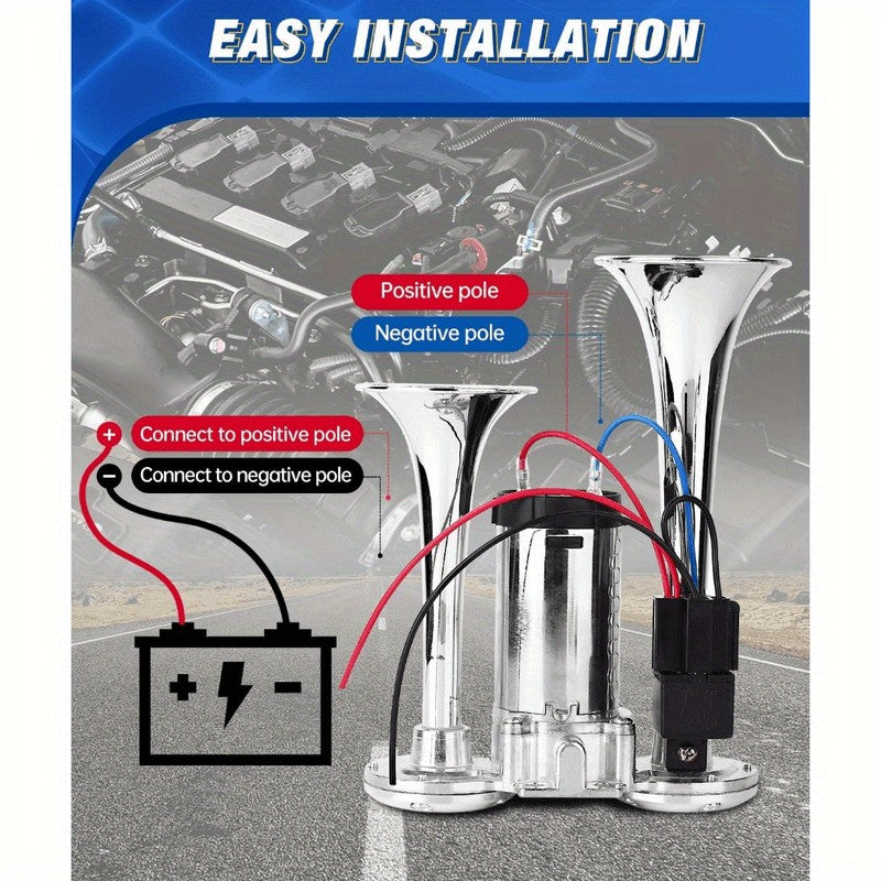 Air Horn Kit 12V 24V Ultra Loud 105-137dB Dual Trumpet Horn with Air Compressor for Truck SUV Motorcycle Boat Train Car Pickup Aluminum Alloy Universal