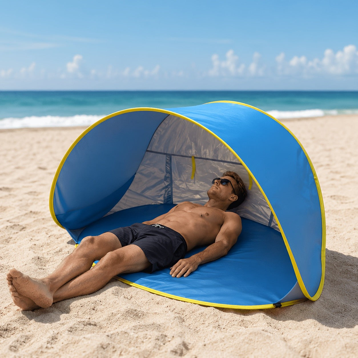 Pop-Up Beach Tent with UV Sun Protection – Portable Quick Setup Sun Shade Shelter for Beach Camping Hiking Travel Family Outings Optional Beach Mat Bundle Blue Pink