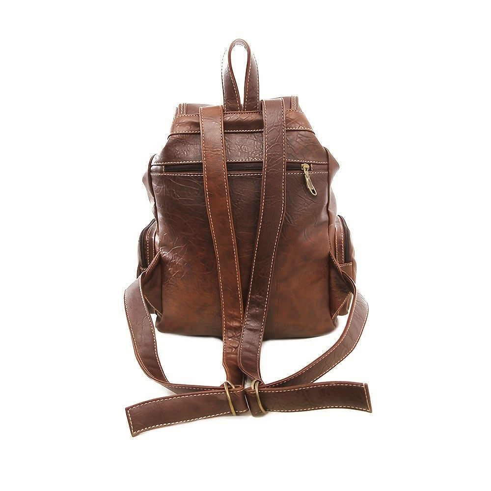 Vintage PU Leather Backpack for Women Men Water Resistant Geometric Pattern Rucksack Convertible Shoulder Bag Satchel with Zipper Multi-Pocket for School Travel Daily Use