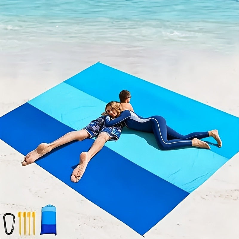 Sand-Proof Beach Blanket Extra Large – Foldable Polyester Beach Mat with 4 Corner Stakes, Lightweight Portable for Beach Camping Picnic Hiking Travel