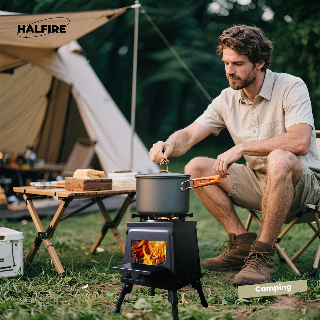 Wood Burning Camp Stove Portable Heavy Duty Outdoor Campfire Stove Sturdy Legs Air Vents Firewood Charcoal for Hiking Backpacking Picnic BBQ Travel