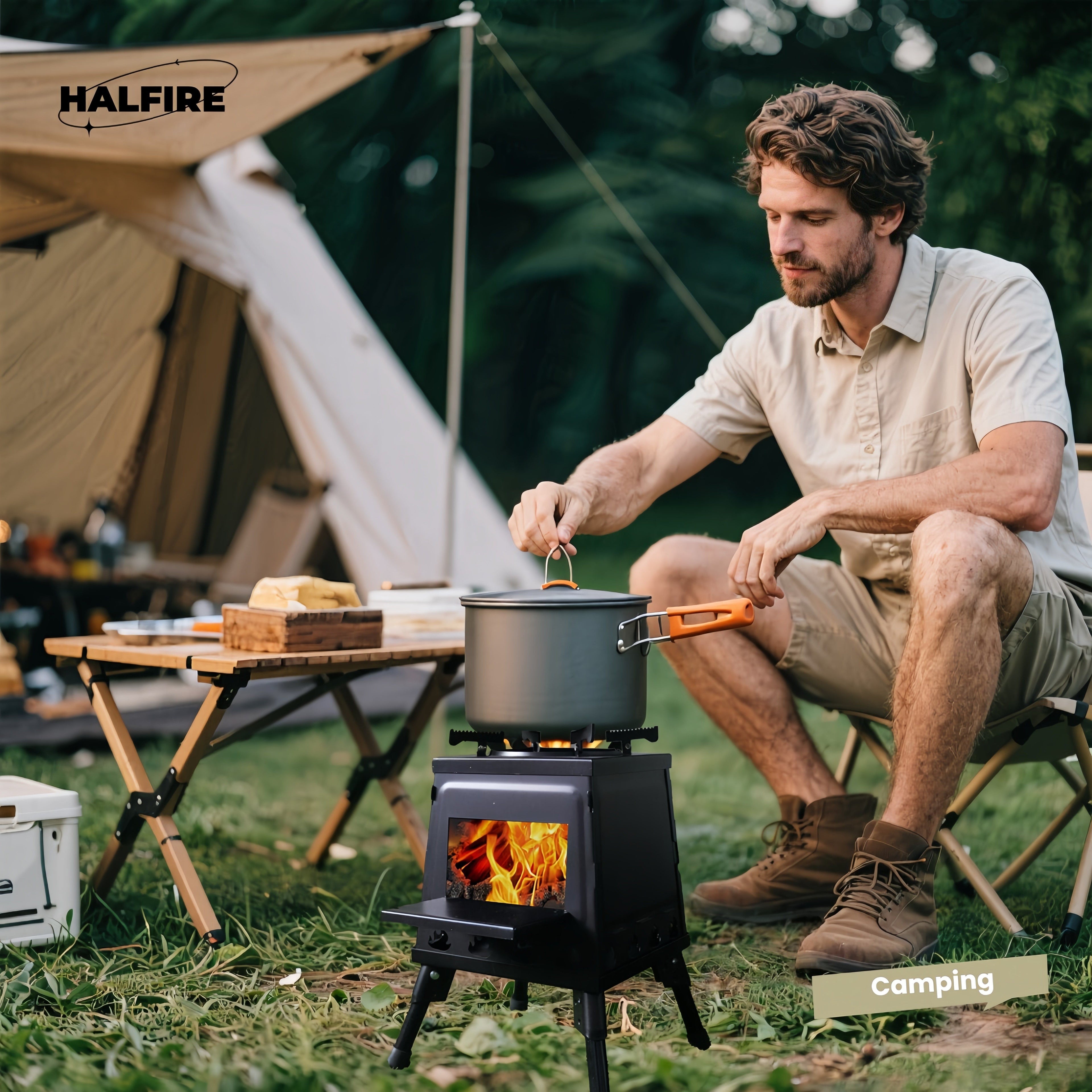Wood Burning Camp Stove Portable Heavy Duty Outdoor Campfire Stove Sturdy Legs Air Vents Firewood Charcoal for Hiking Backpacking Picnic BBQ Travel