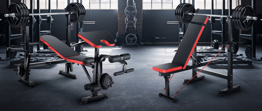 Weight Bench Set with Squat Rack – Adjustable Foldable Workout Bench Press, Leg Developer & Preacher Curl Pad for Home Gym Full Body Training | 800–1200 LBS Capacity | Black, Red, Pink