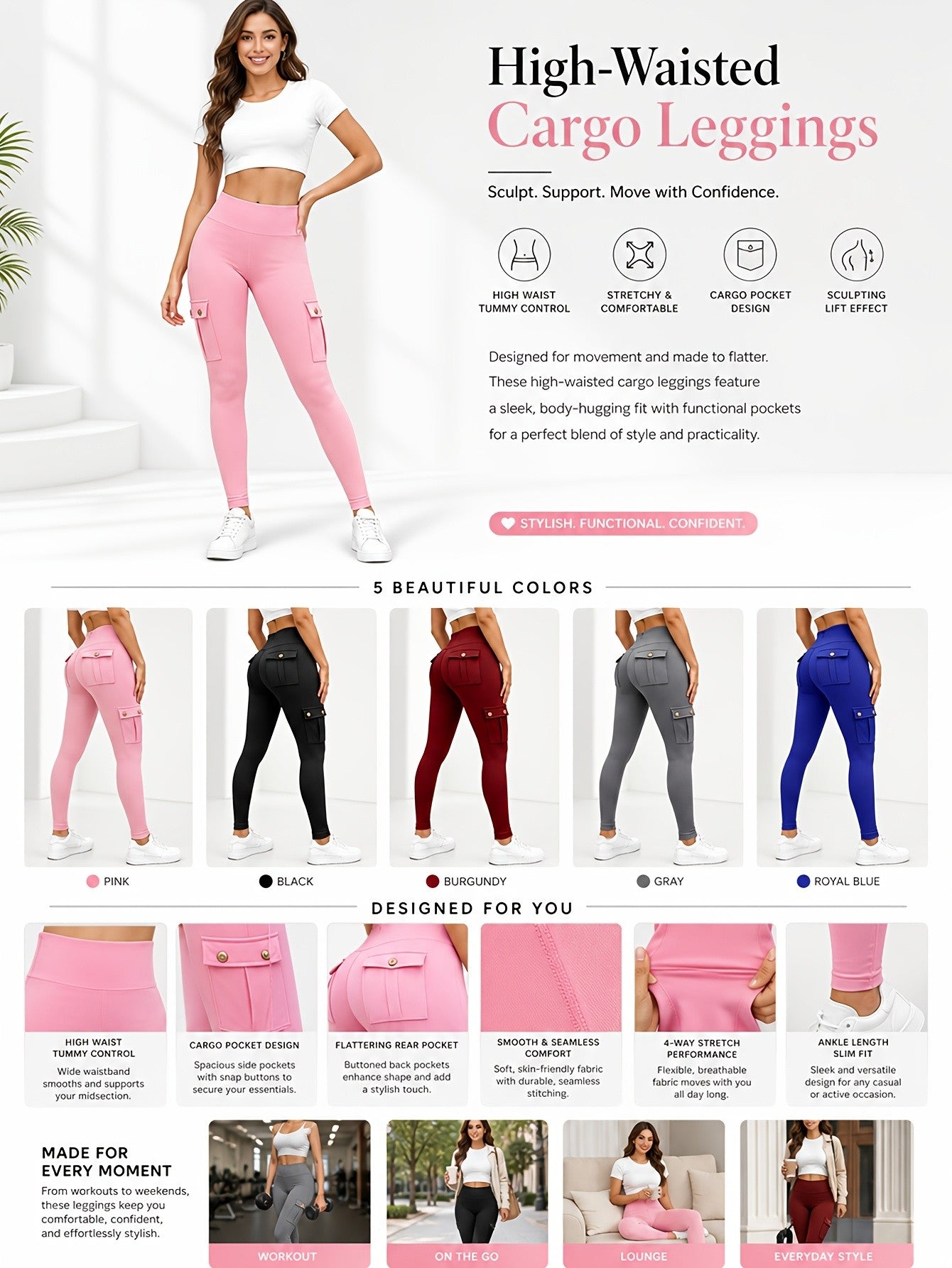 5 Pack Women's High Waist Yoga Leggings with Pockets – Tummy Control, 4-Way Stretch, Slim Fit, Soft & Breathable Workout Leggings for Gym, Running & Daily Wear, M-XXL