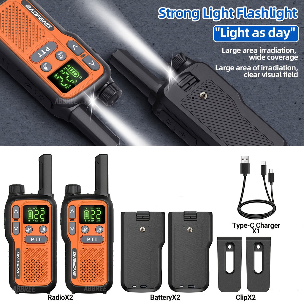 Baofeng Walkie Talkies 2 Pack 22 FRS Channels LCD Display VOX Hands-Free USB-C Rechargeable Built-In Flashlight – Long Range Two Way Radio for Hiking Camping Family Outdoor Adults