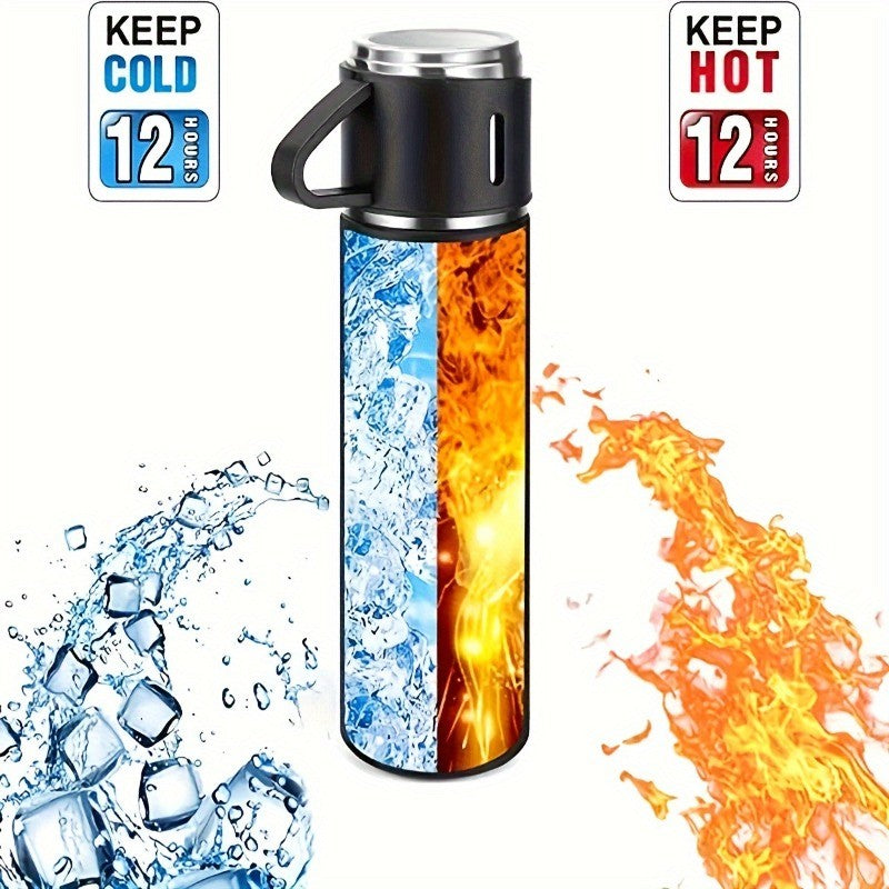 Stainless Steel Cup Set 4 Piece – 500ml Insulated Water Bottle with 3 Small Cups & 3 Lids Hot Cold Drinks Travel Tumbler Gift Set for Office School Outdoor
