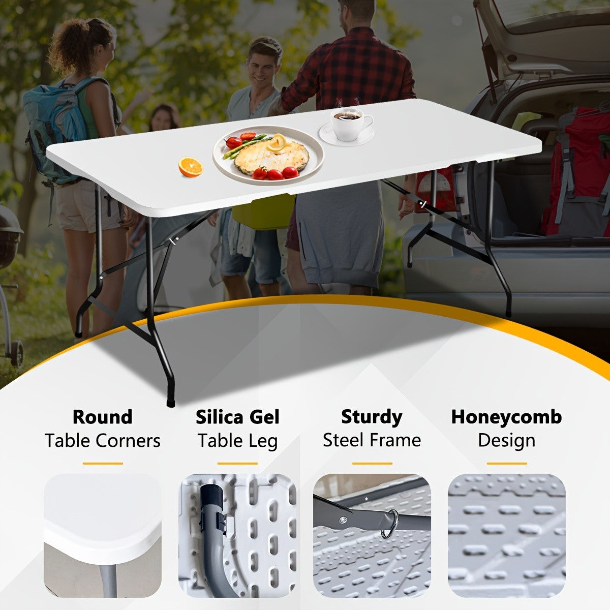 Plastic Folding Picnic Table Portable – Fold-in-Half Design with Carrying Handle & Locking Legs for Indoor & Outdoor Use, Camping, Tailgating & Dining, 2.5FT & 4FT
