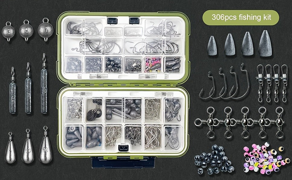 Fishing Tackle Kit 306 & 84 Pcs – Hooks Sinkers Bobbers Jig Heads Beads Swivels Snaps with Tackle Box for Freshwater & Saltwater Fishing