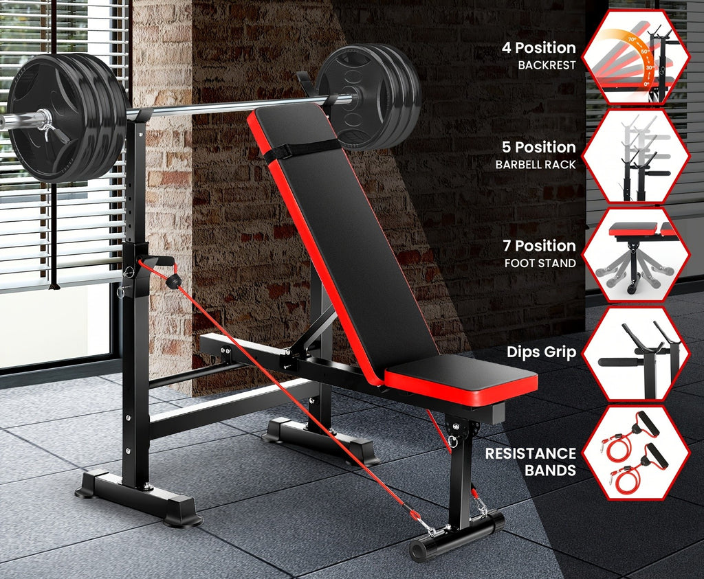 Weight Bench Set with Squat Rack – Adjustable Foldable Workout Bench Press, Leg Developer & Preacher Curl Pad for Home Gym Full Body Training | 800–1200 LBS Capacity | Black, Red, Pink