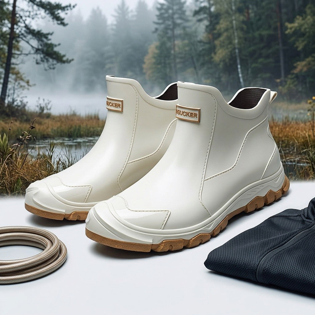 Non-Slip Rain Boots Short Ankle – Lightweight Waterproof Outdoor Boots, Cushioned Insole, Breathable Lining, Textured Sole for Car Wash, Hiking & Outdoor Activities | Unisex | Black, Beige | US 5.5–12