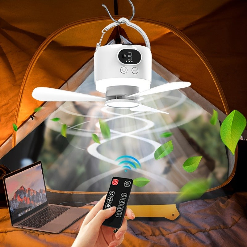 Portable Camping Ceiling Fan 10400mAh USB Rechargeable Tent Fan with Remote Control LED Light Detachable Blades 4 Speed Settings for Camping Hiking Outdoor Travel