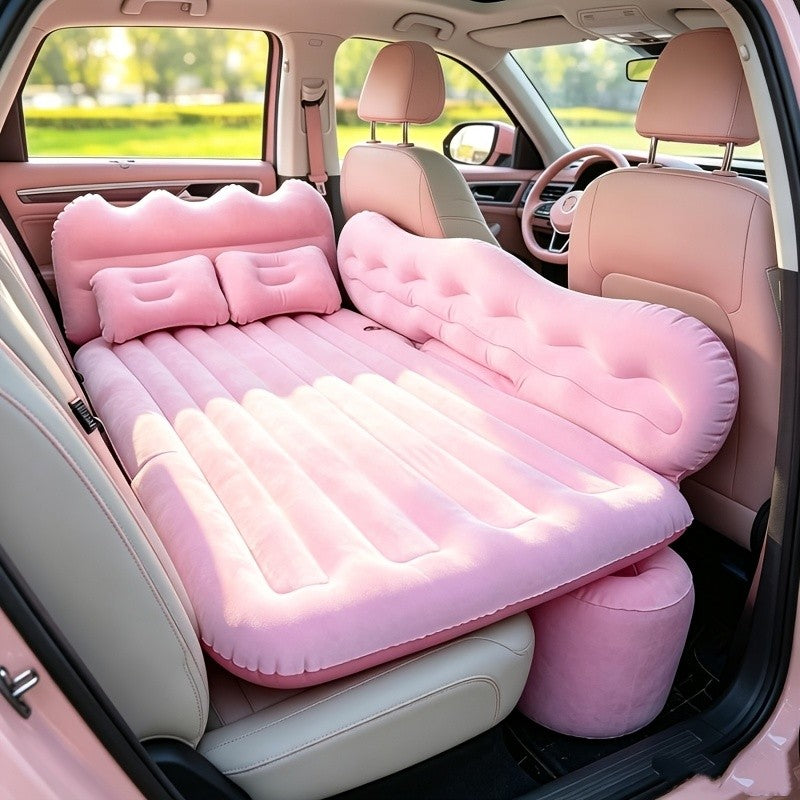 Car Inflatable Bed Air Mattress for SUV Sedan – Portable Foldable Flocked Rear Seat Sleeping Mat for Camping Picnic Road Trip, Includes Air Pump, Black Beige Pink Grey