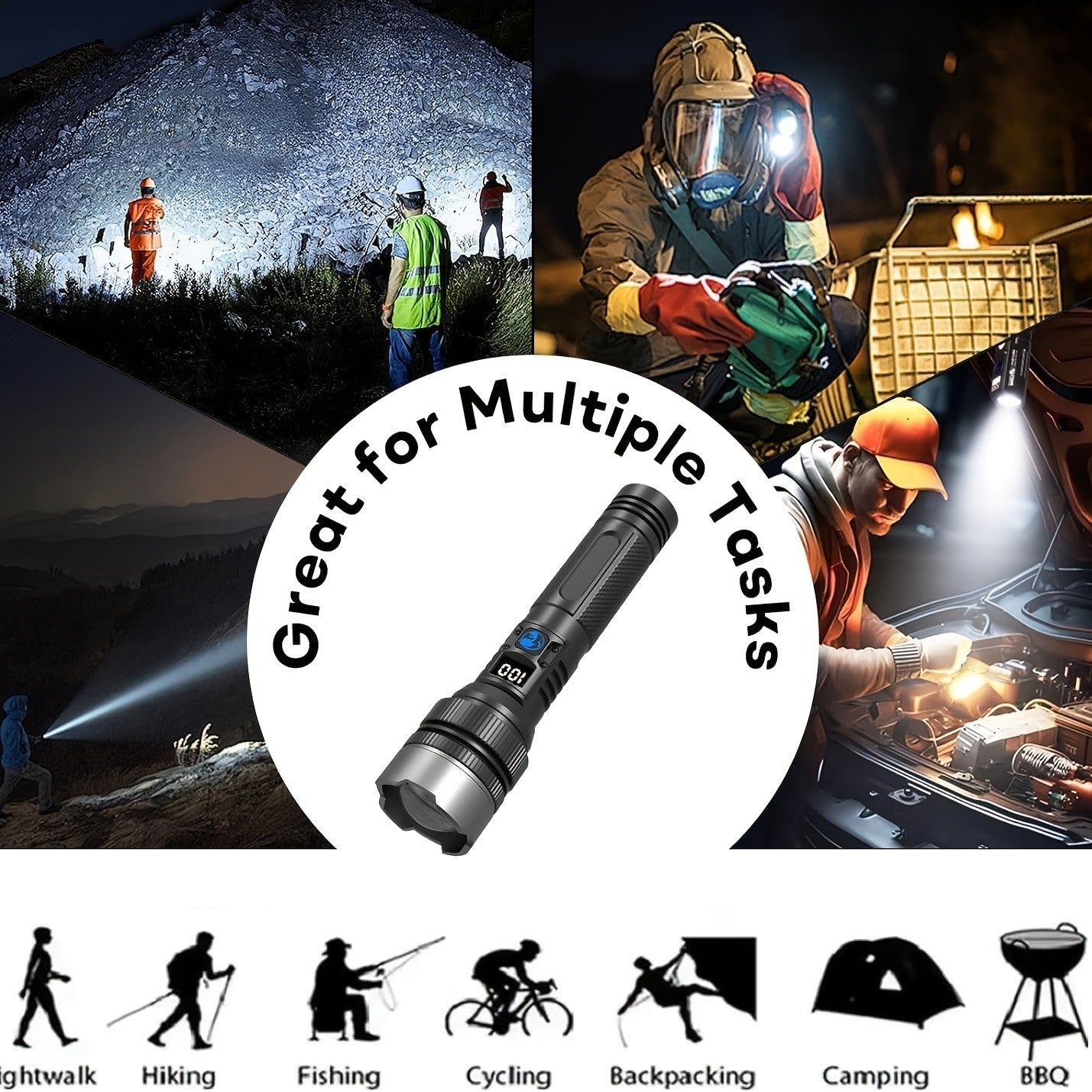 Rechargeable Tactical Flashlight High Lumens – Zoomable LED, LCD Display, USB Rechargeable, Waterproof, for Camping, Hiking, Fishing & Emergencies (1pc / 2pcs)