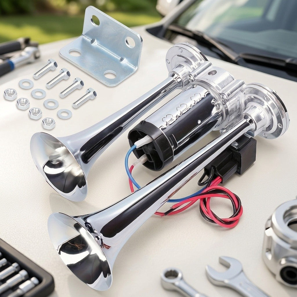 Air Horn Kit 12V 24V Ultra Loud 105-137dB Dual Trumpet Horn with Air Compressor for Truck SUV Motorcycle Boat Train Car Pickup Aluminum Alloy Universal
