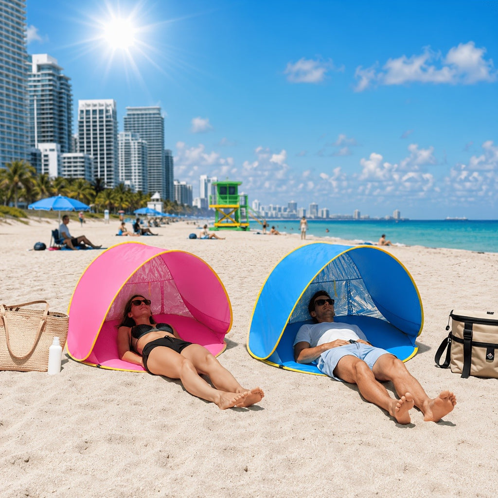 Pop-Up Beach Tent with UV Sun Protection – Portable Quick Setup Sun Shade Shelter for Beach Camping Hiking Travel Family Outings Optional Beach Mat Bundle Blue Pink