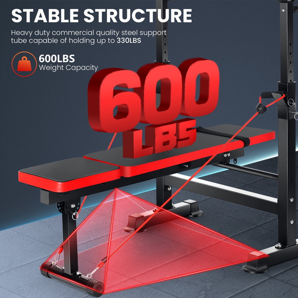 Weight Bench Set with Squat Rack – Adjustable Foldable Workout Bench Press, Leg Developer & Preacher Curl Pad for Home Gym Full Body Training | 800–1200 LBS Capacity | Black, Red, Pink