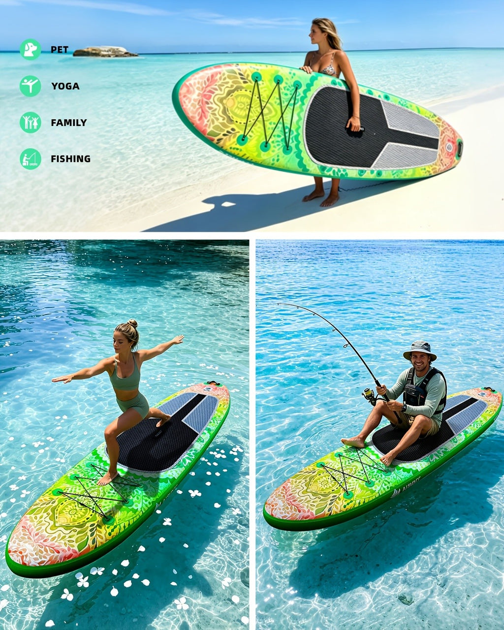 10.6ft Inflatable SUP Paddle Board All Around Yoga Board with Non-Slip Mat Waterproof Phone Bag Double Action Pump Accessories