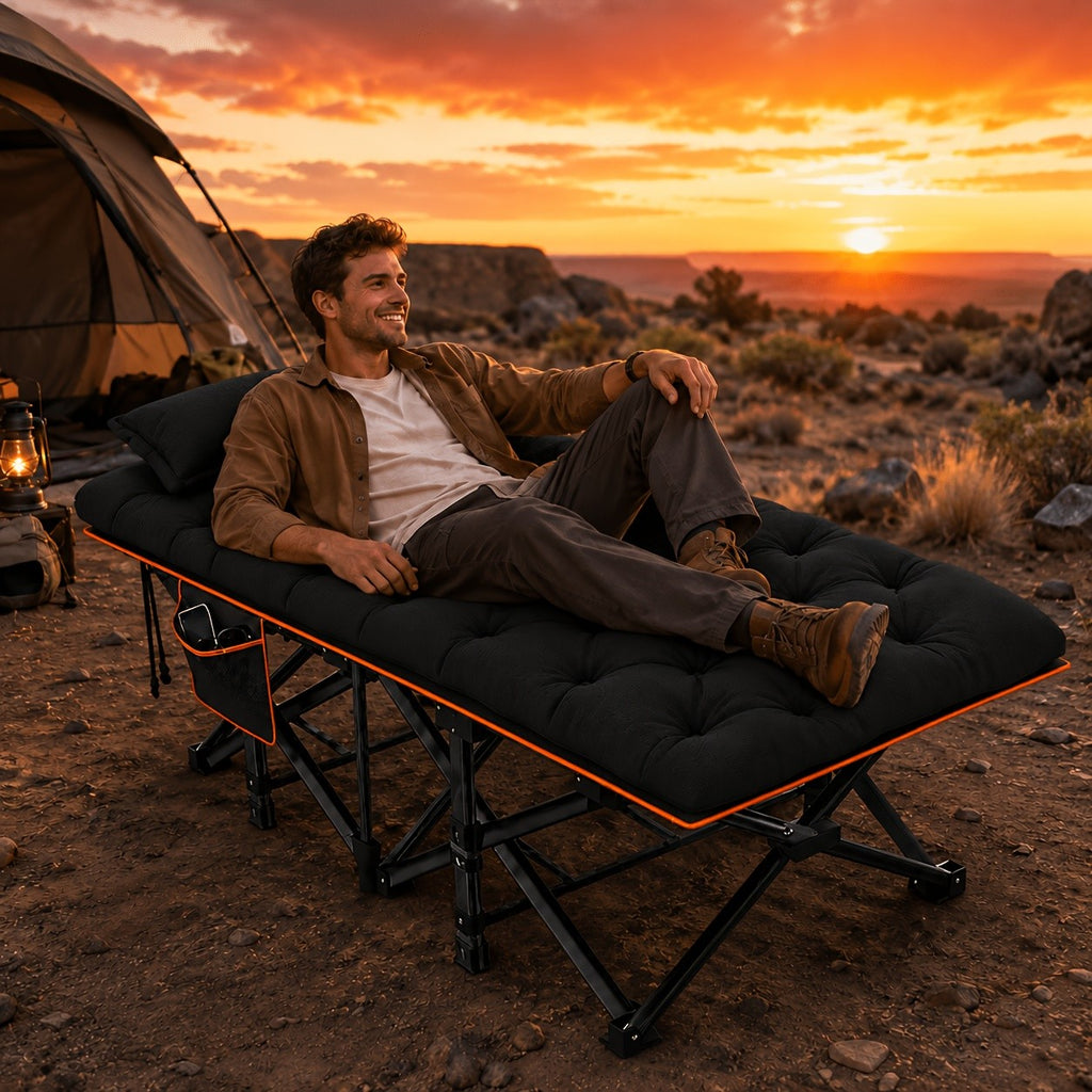 Folding Camping Cot with Mattress & Side Pockets - Heavy Duty Portable Adult Sleeping Bed, Foldable Guest Cot for Camping, Backyard, Patio, Office & RV, Compact Easy Fold