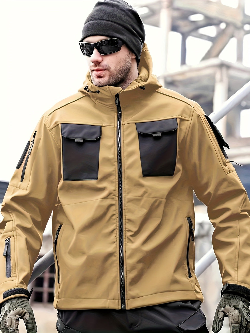 Men's Windproof Soft Shell Jacket with Hood & Pockets Scratch-Resistant Fleece-Lined Outdoor Zip-Up Coat for Hiking Cycling Camping – Lightweight Spring Fall Jacket for Men S M L