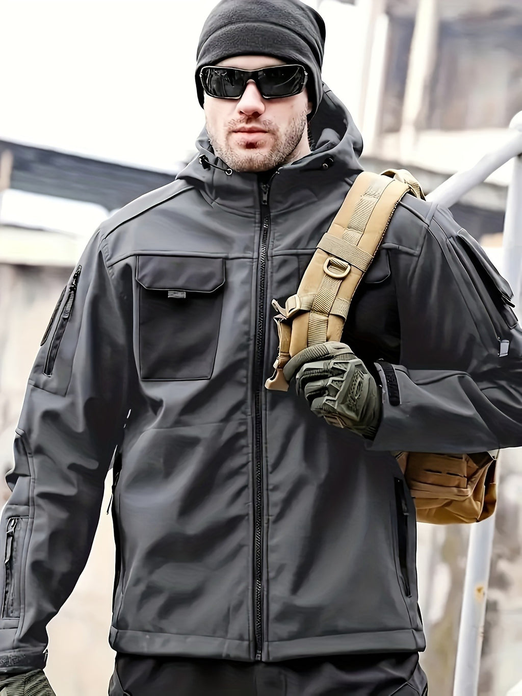 Men's Windproof Soft Shell Jacket with Hood & Pockets Scratch-Resistant Fleece-Lined Outdoor Zip-Up Coat for Hiking Cycling Camping – Lightweight Spring Fall Jacket for Men S M L