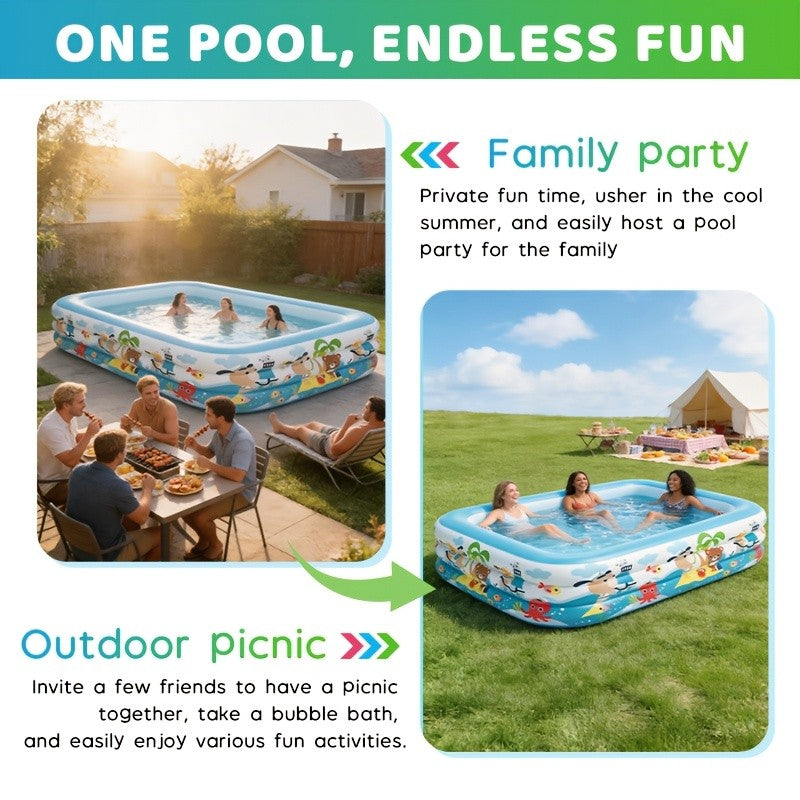Extra Large Rectangular Inflatable Swimming Pool for Family, Thickened PVC Wear-Resistant Leak-Proof Backyard Pool for 1-6 People, Easy Setup Above Ground Pool for Garden Outdoor Summer Fun