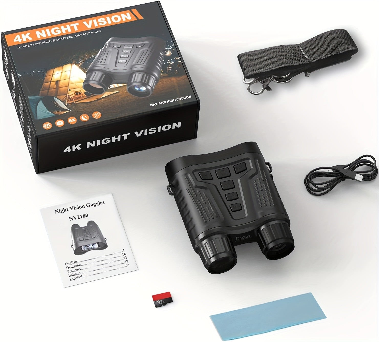 4K Night Vision Goggles for Adults – 64GB Memory Card, 3.2" Screen, 8X Digital Zoom for Hunting, Camping, Security & Outdoor Night Vision Binoculars