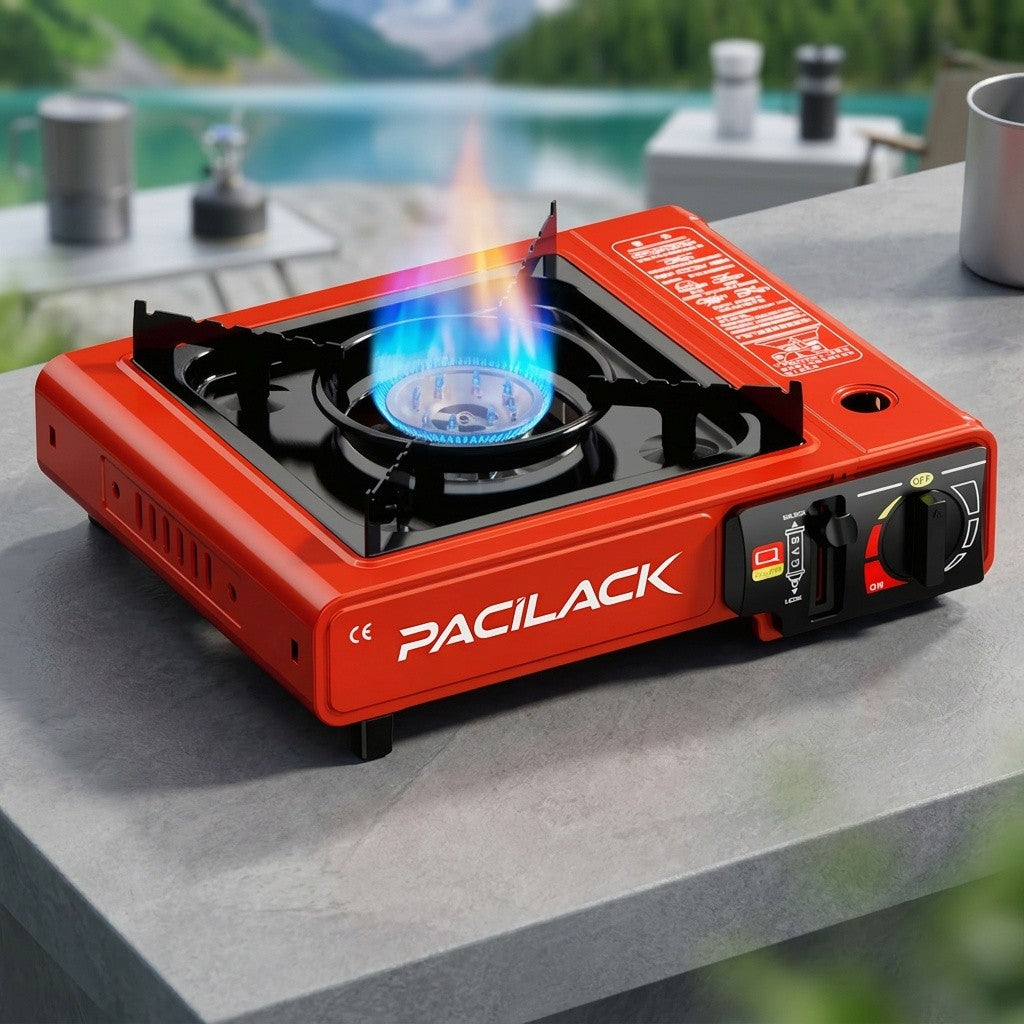 Portable Butane Camping Stove with Windscreen & Carrying Case – Heavy-Duty Ultra-Fast Ignition, Compact Lightweight for Camping, Backpacking, Tailgating & Emergency Survival | Black & Red