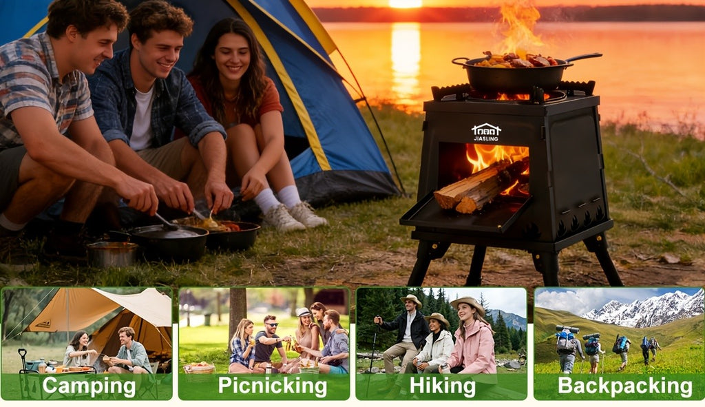 Portable Wood Burning Camp Stove with BBQ Scissors – Compact Folding Camping Stove for Outdoor Hiking Picnic Backpacking Travel, Black