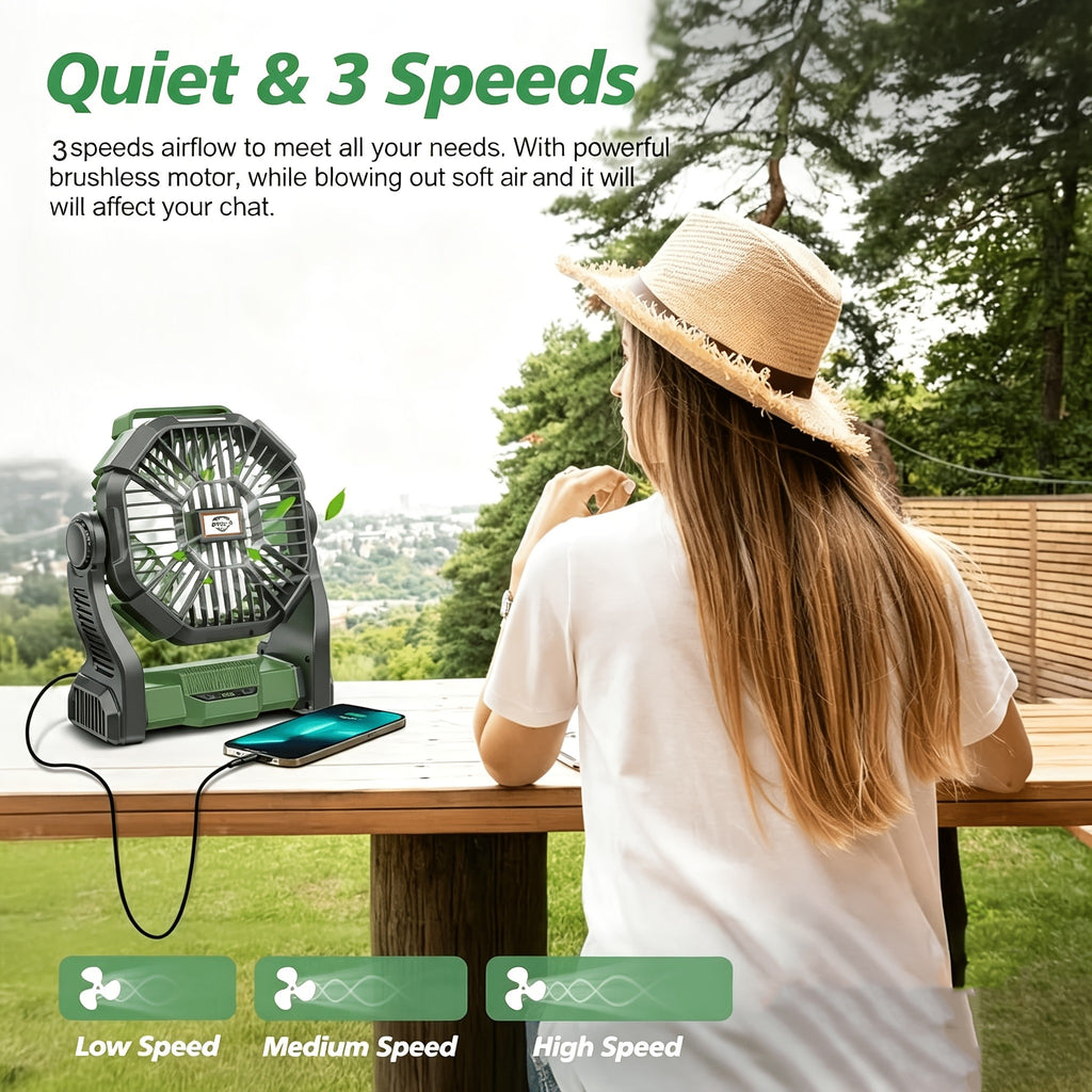 3-in-1 Portable Camping Fan with LED Light & Phone Charger - Rechargeable Battery Tent Fan with Hooks - Desktop Cooling Fan for Camping Patio Travel Sports Events Power Outages
